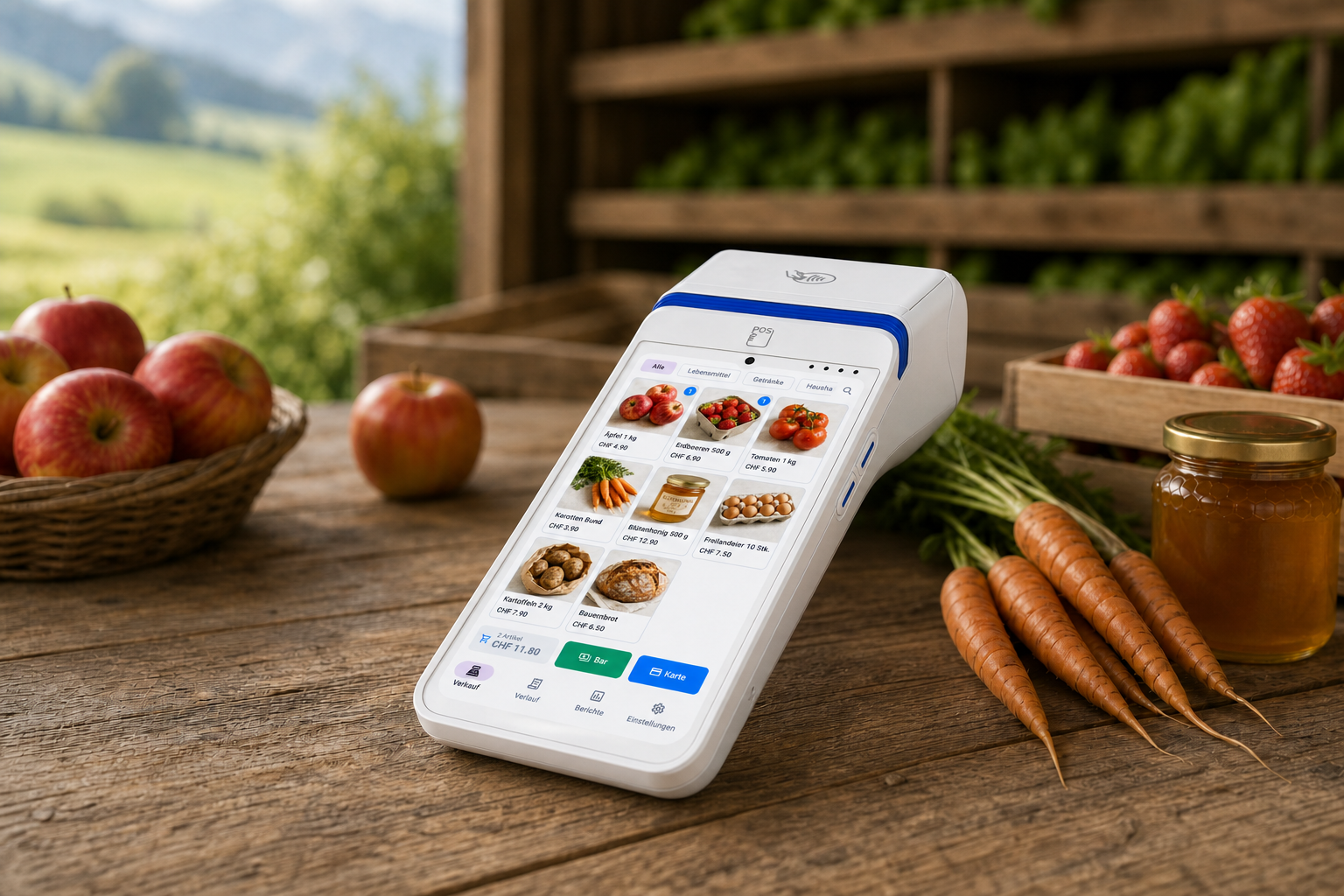 Caisse et paiement pour la vente directe à la ferme — Vue d’exemple avec des produits adaptés au secteur