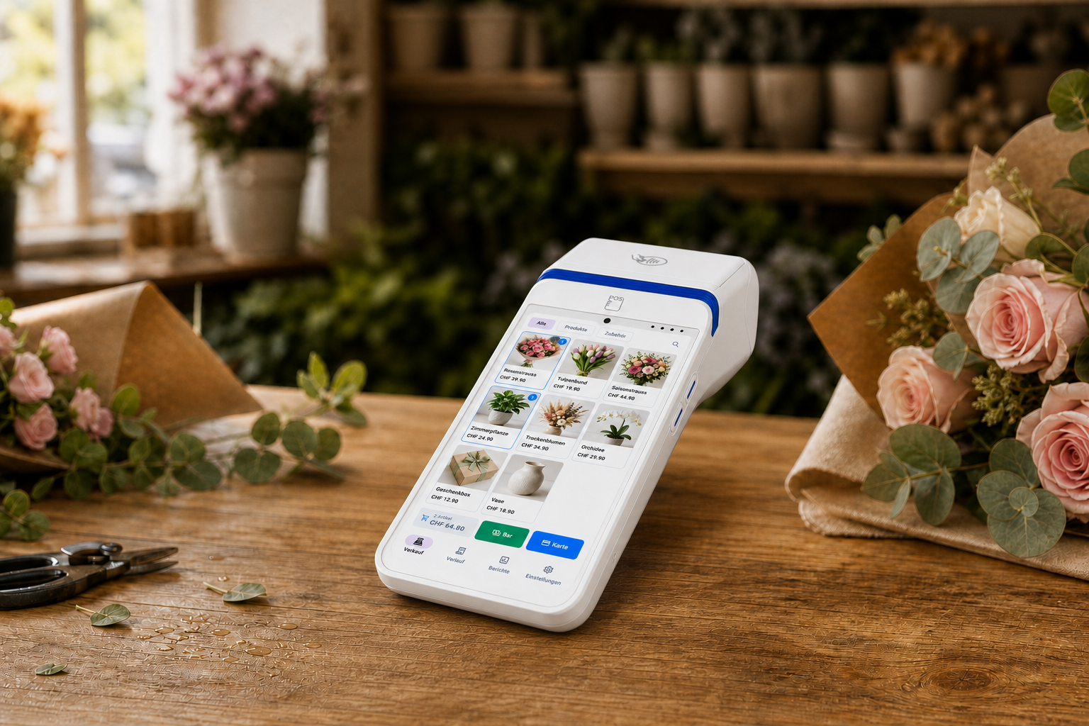 Une caisse simple et visuelle pour votre boutique de fleurs — Vue d’exemple avec des produits adaptés au secteur