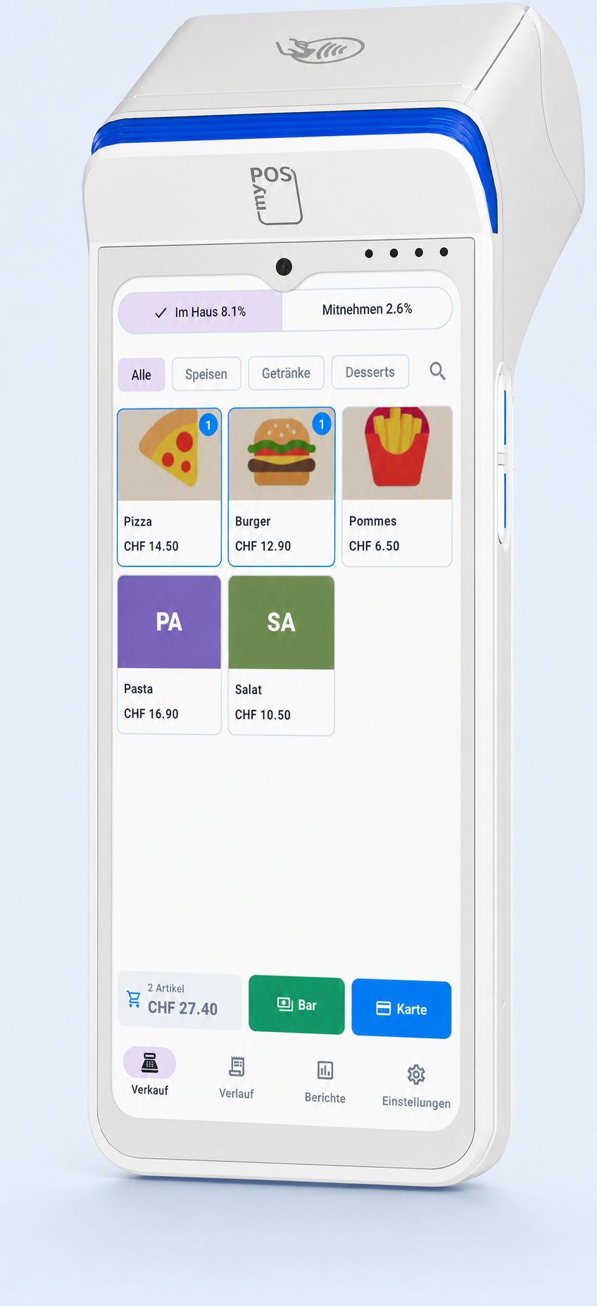 myPOS Ultra avec Easy POS sans abonnement de caisse séparé — Vue d’exemple avec des produits adaptés au secteur